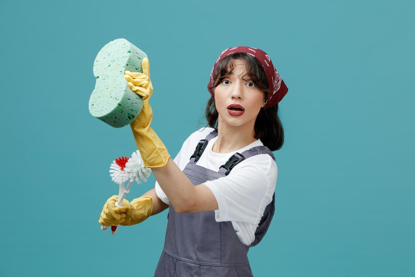 part time helper pose with sponge