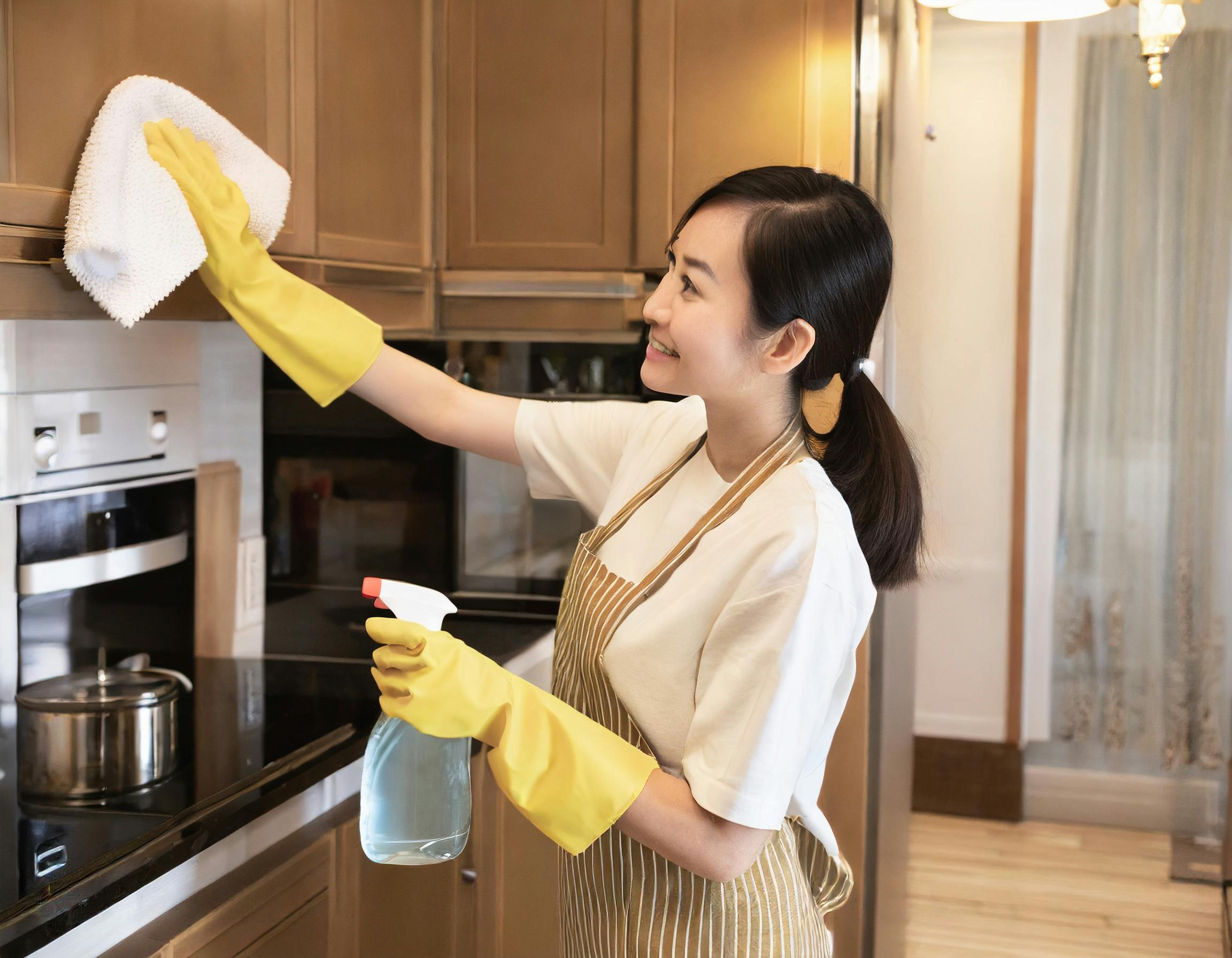 Maid cleaning kitchen cabinet